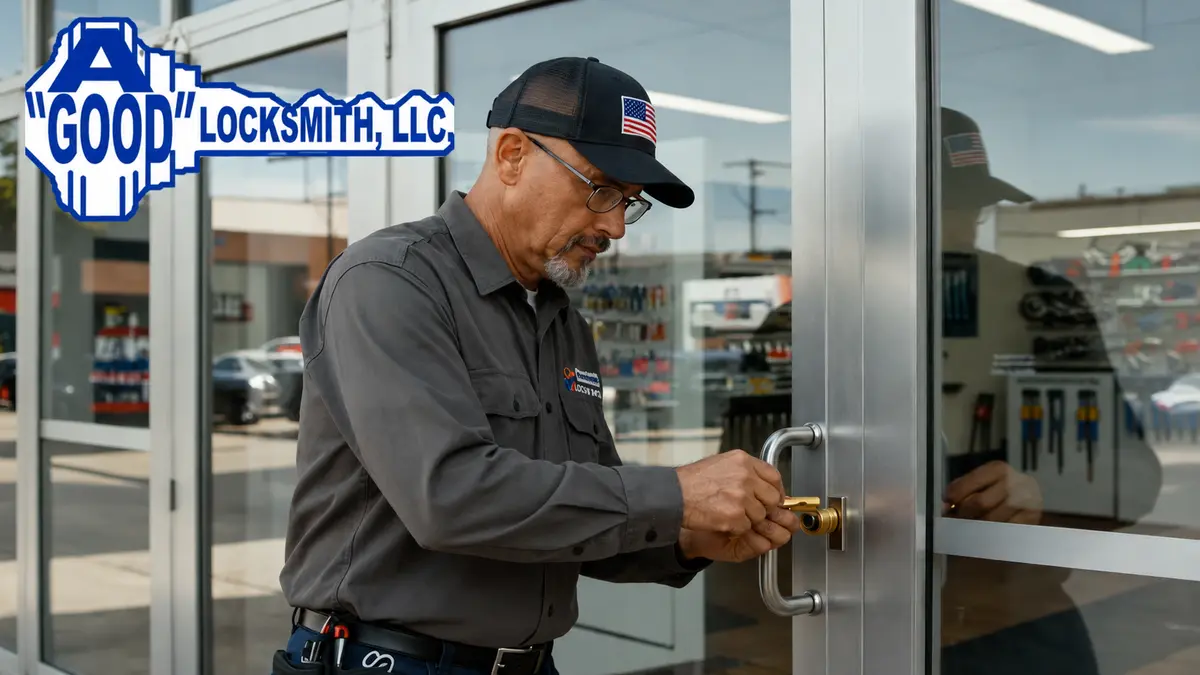 A Good Locksmith evaluating electronic locking hardware on a commercial door